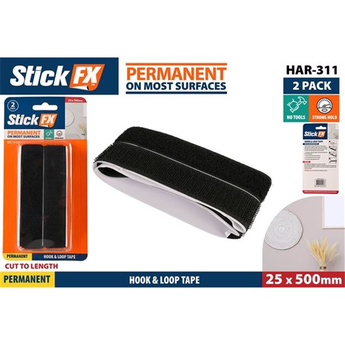 StickFX 2pce Hook & Loop (velcro) Tape 25mm X 500mm Black